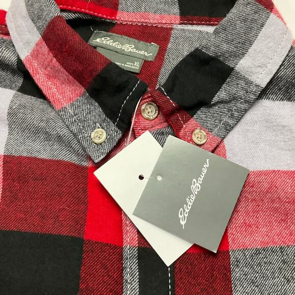EDDIE BAUER Mens Button Down Flannel Shirt Buffalo Check Plaid Red Gray XL NWT - Picture 11 of 12